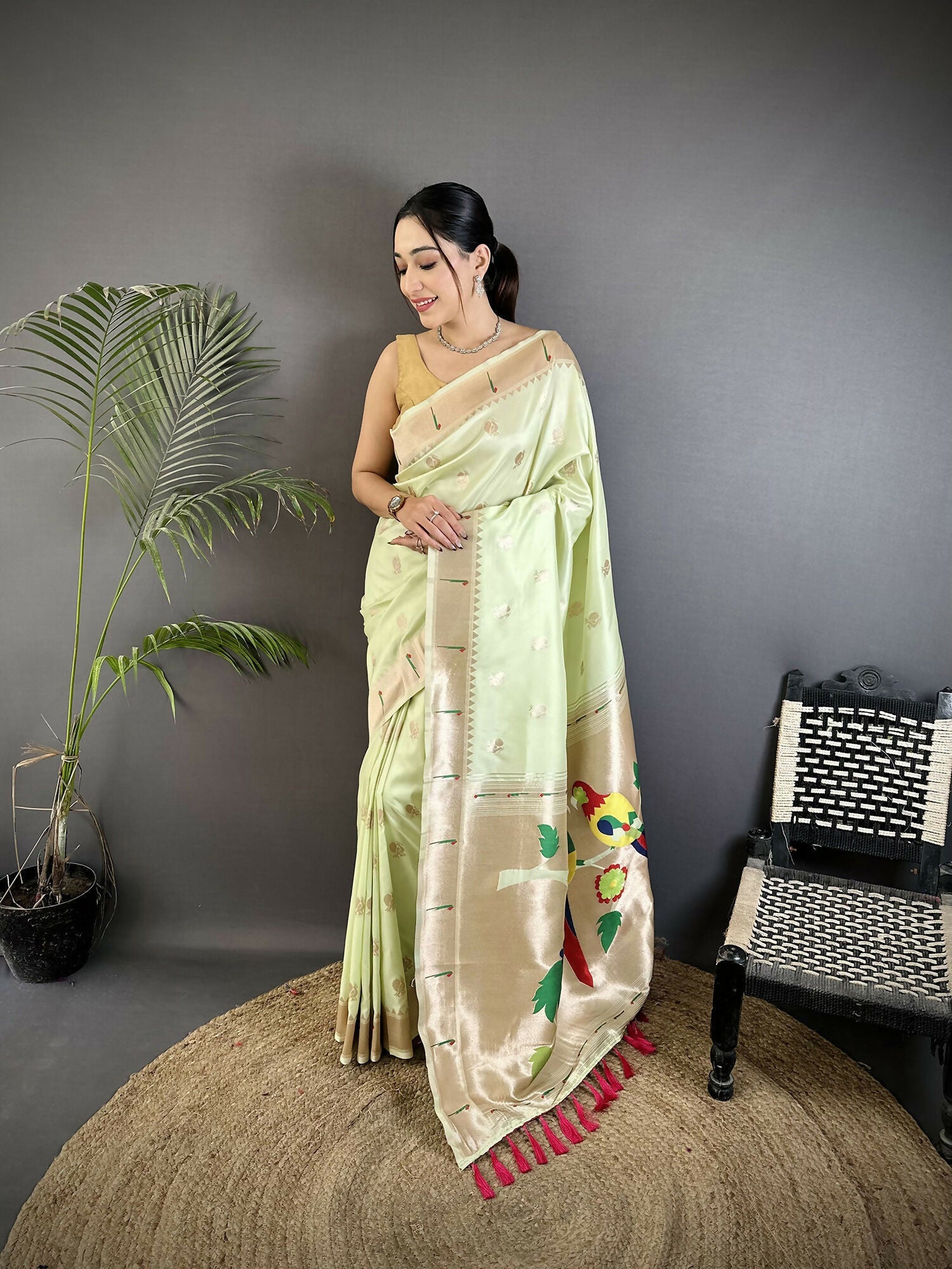 Joban Fashion Pista Green Peacock & Floral Motifs Soft Silk Kanchipuram Saree
