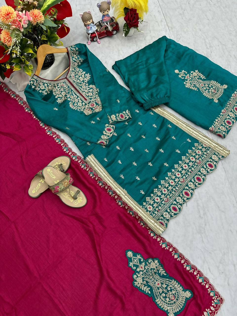 Teeya Creation Womens New Wedding Wear Heavy Embroidery Thread Work Teal Kurta Set