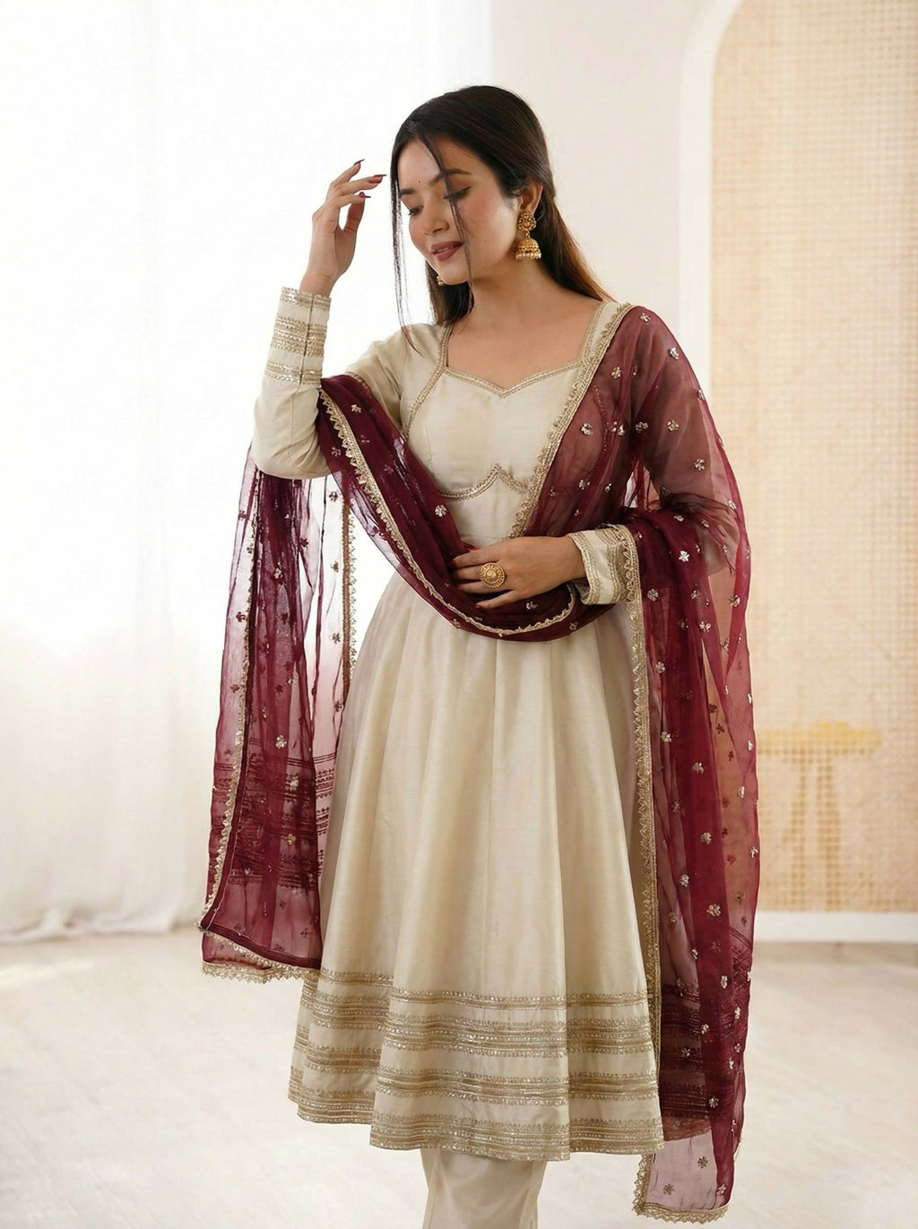 Teeya Creation Cream Cosmos Gold Lace Work Party Wear Gown