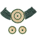 Gold-Polished Alloy Green Beaded Round Pendant Choker Necklace Set - The Pari