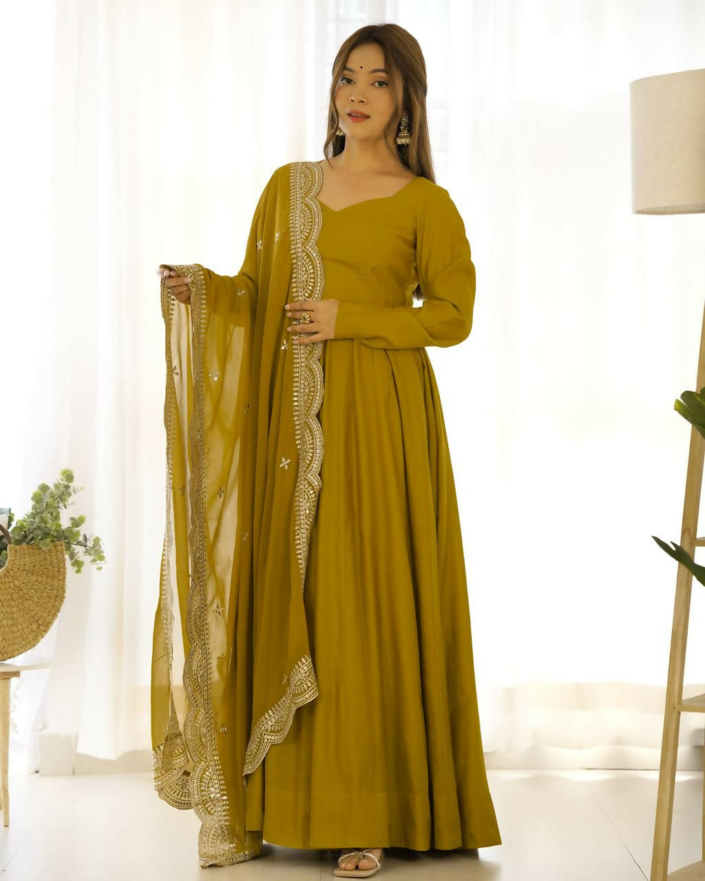 Lehenga Mart Designer Anarkali Suit With Kurta, Pant, Dupatta For Women-Mustard