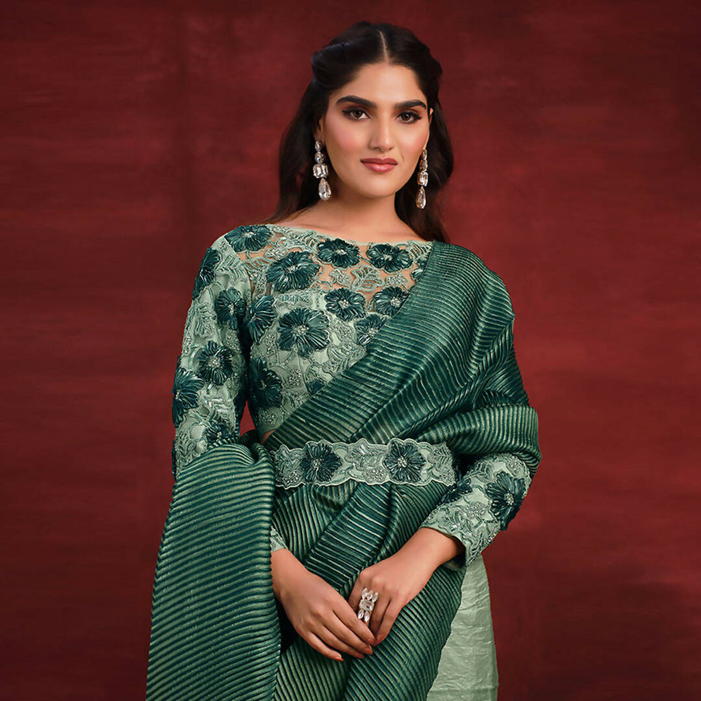 Sea Green Banarasi Crush Silk Sequence Thread & Stone Work/ Texture Pallu Saree - Mohmanthan Kimiya