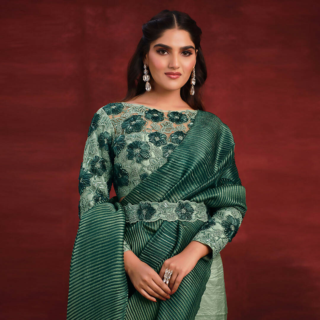 Sea Green Banarasi Crush Silk Sequence Thread & Stone Work/ Texture Pallu Saree - Mohmanthan Kimiya