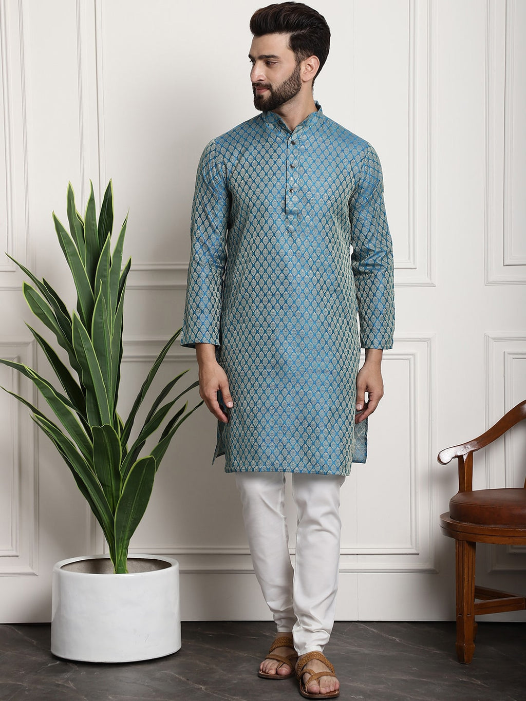Sojanya Woven Design Mandarin Collar Kurta with Churidar & Nehru Jacket
