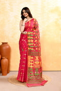 Piyari Fashion Women's Red Embellished Cotton Blend Jamdani Saree
