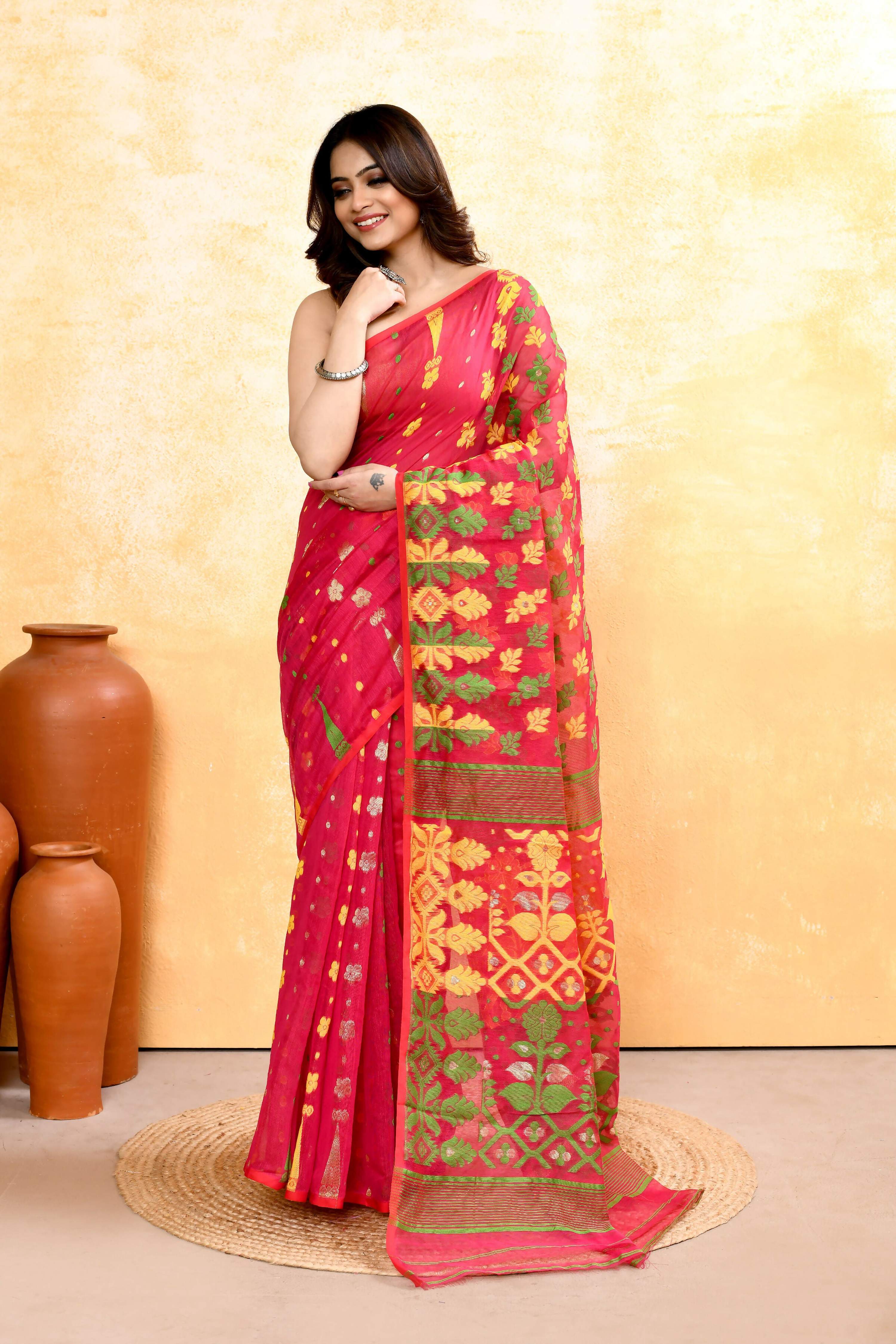 Piyari Fashion Women's Red Embellished Cotton Blend Jamdani Saree