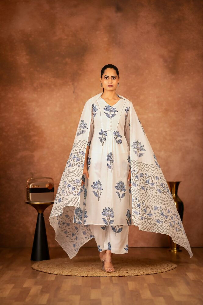 Joban Fashion Off White Blue Hand Block Printed Cotton Suit Set