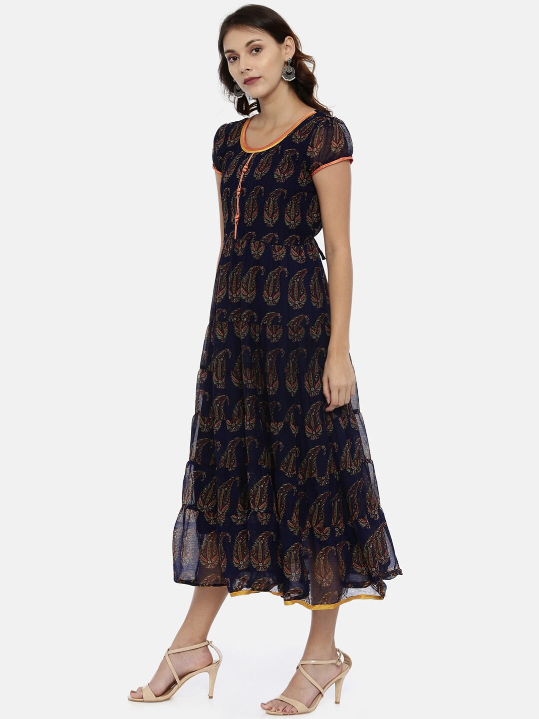 Souchii Navy Blue Printed Fit and Flare Dress