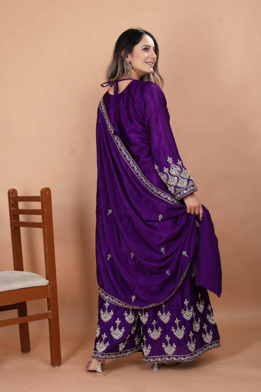 Joban Fashion Purple Silk Embroidered Sharara Set