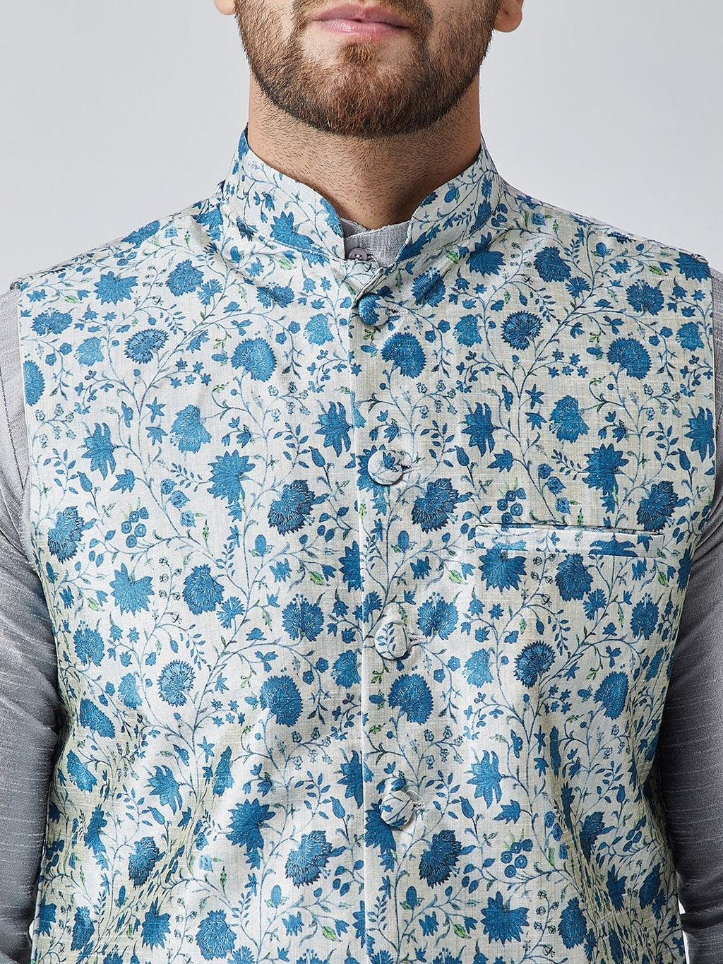 Sojanya Men Grey & Blue Self Design Kurta with Churidar & Nehru Jacket