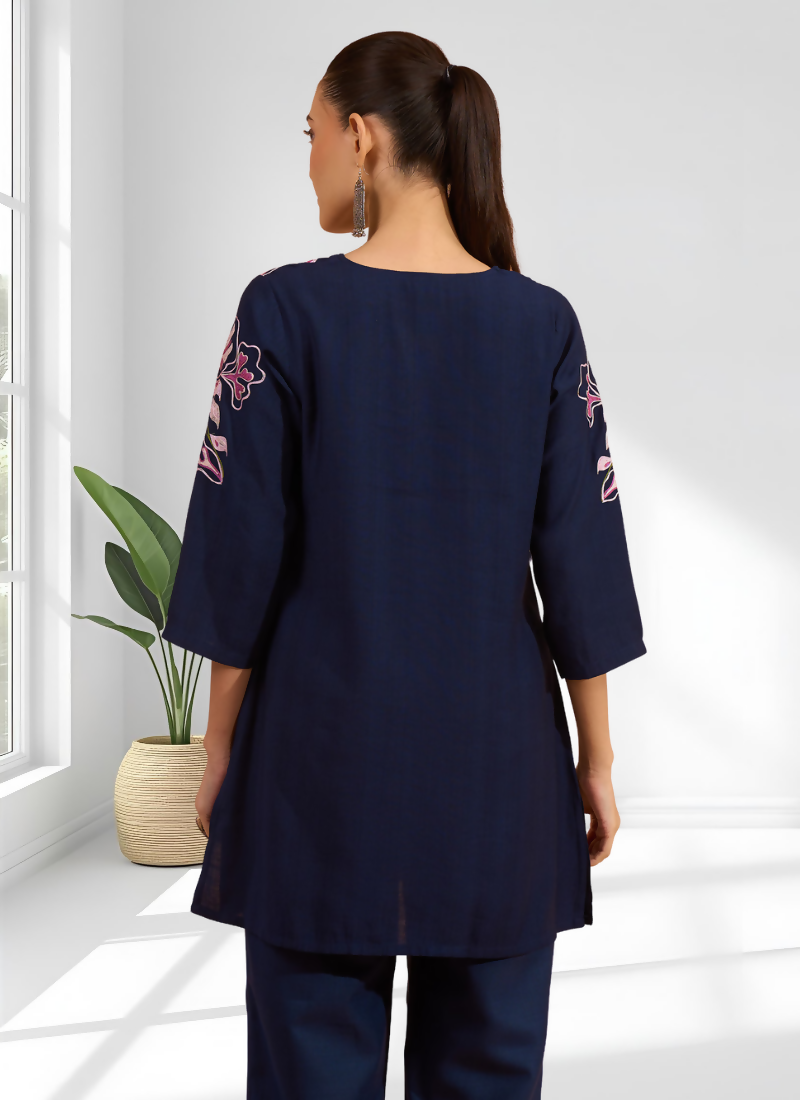Joban Fashion Navy Blue Cotton, Linen Embroidered Readymade Cord Set