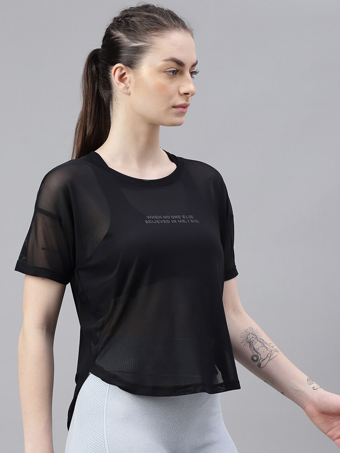 MKH Relaxed Fit Typography Printed Drop-Shoulder Sleeves Dri-FIT Sheer Training T-shirt
