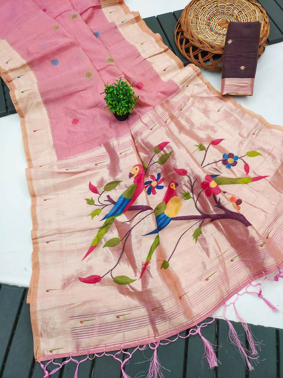 Vastranavya Pink Muga Cotton Meenakari & Munia Weaving Pallu Saree with Contrast Blouse