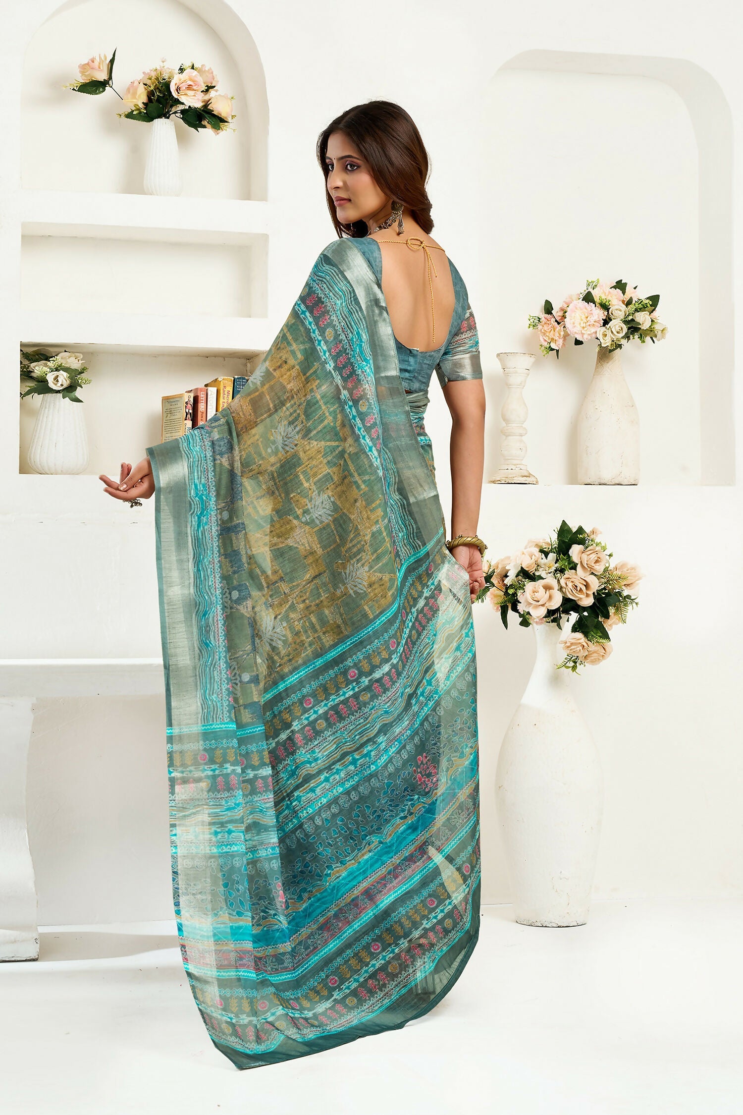 Joban Fashion Petrol Ethinic Motifs Linen Ready To Wear Saree With Unstitched Blouse