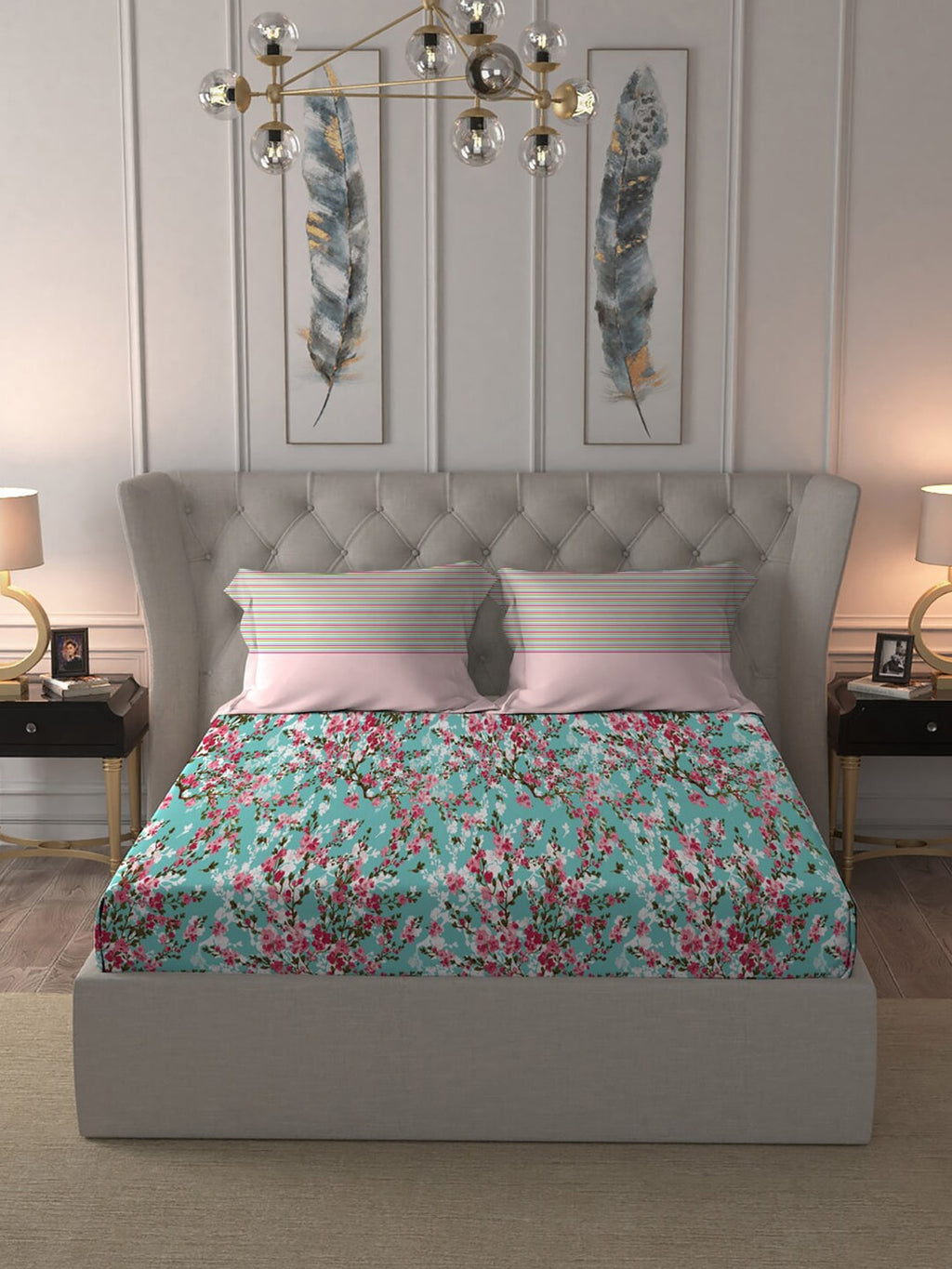 MYTRIDENT Turquoise Blue Pink Floral Pure Cotton 144 TC Queen Bedsheet 2 Pillow Covers