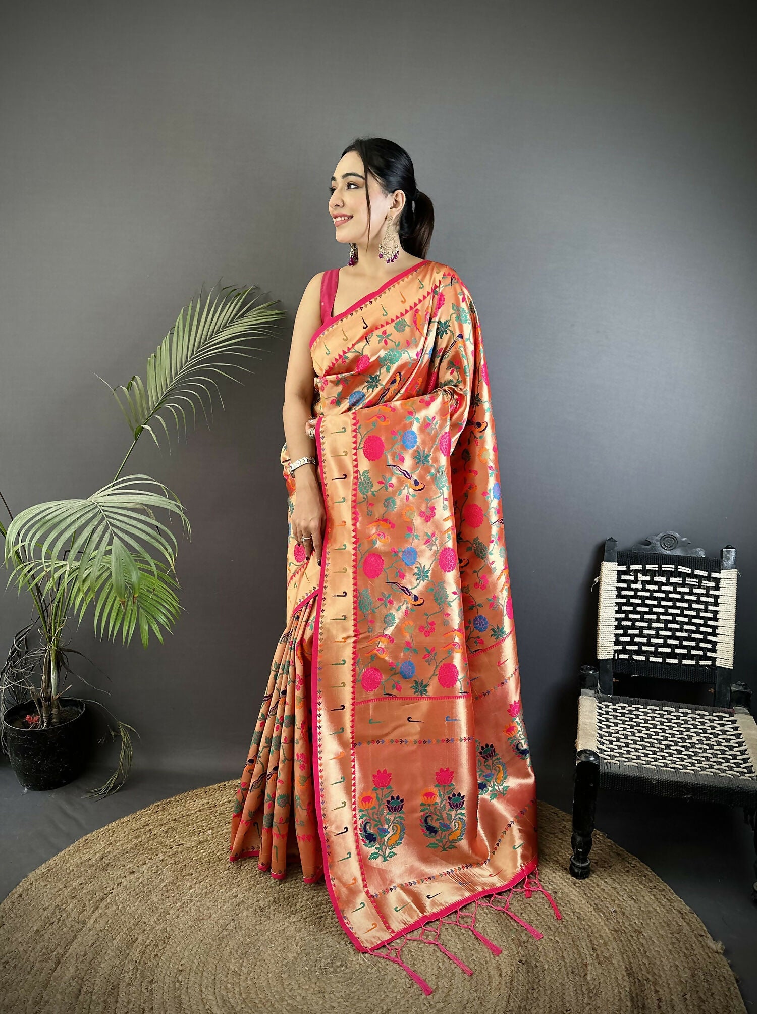 Joban Fashion Pastel Red Mughal-Inspired Motifs Soft Silk Paithani Saree
