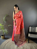 Joban Fashion Pink Checked & Circular Motifs Soft Silk Banarasi Saree