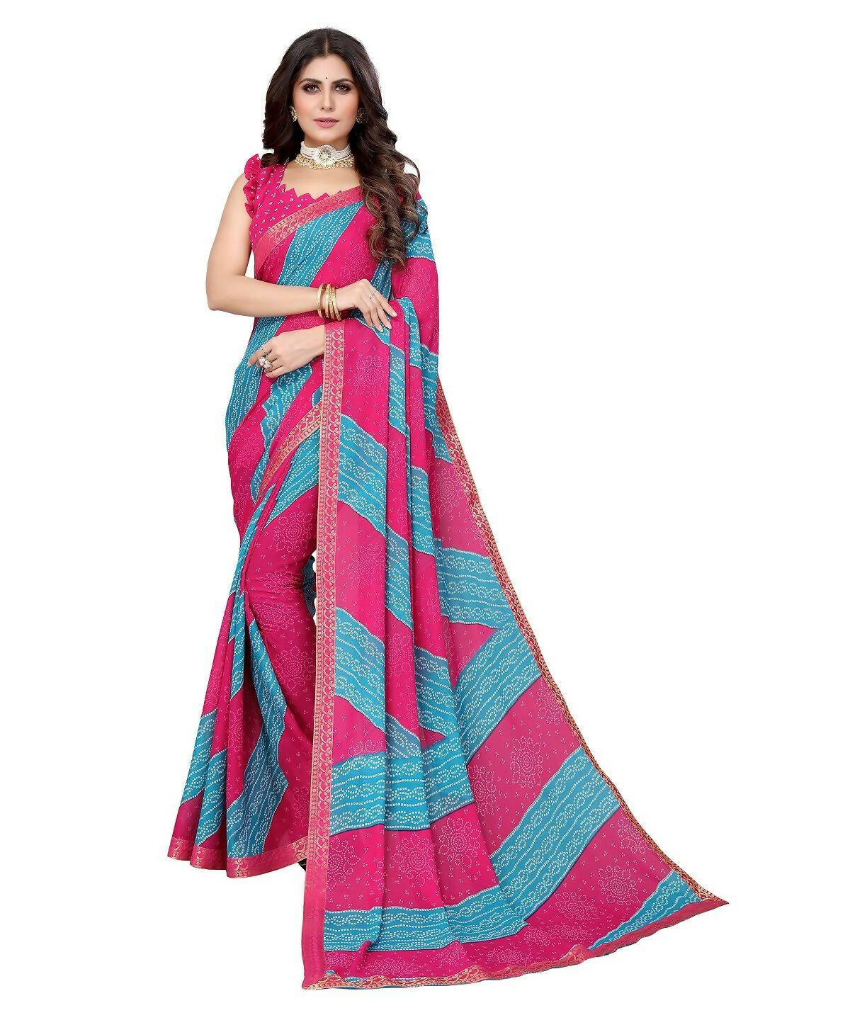 Vamika Pink Georgette Printed With Lace Saree (MANYA PINK SKY BLUE)