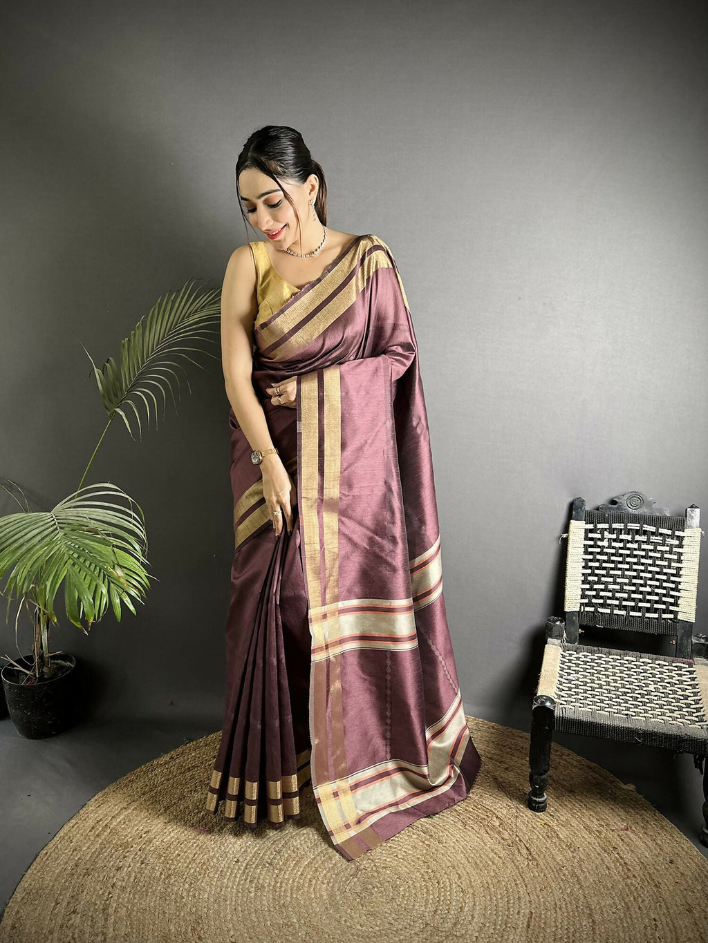 Joban Fashion Wine Woven Pattern Raw Silk Kanjivaram Silk Saree