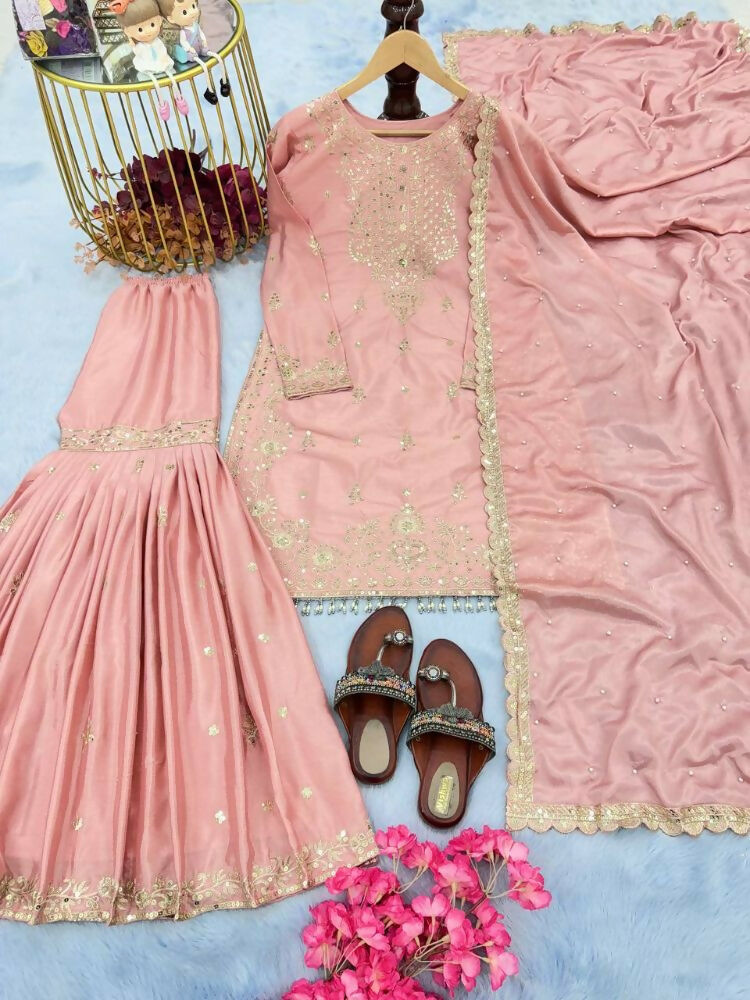 Teeya Creation Peach Color Chinnon Silk Embroidery Work Wedding Wear Salwar Suit