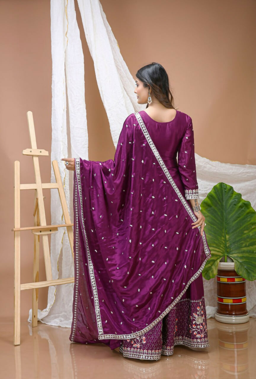Teeya Creation Wine Color Chinon Silk Wedding Wear Trending Palazzo Set