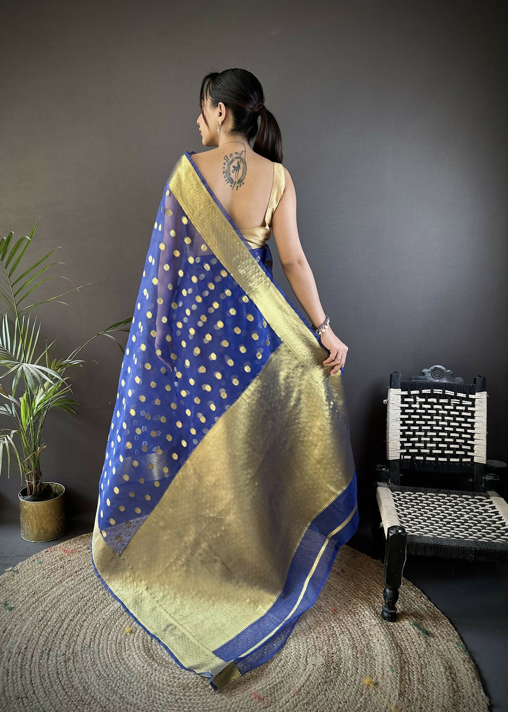 Joban Fashion Royal Blue Polka-Dot Zari Woven Organza Silk Banarasi Silk Saree