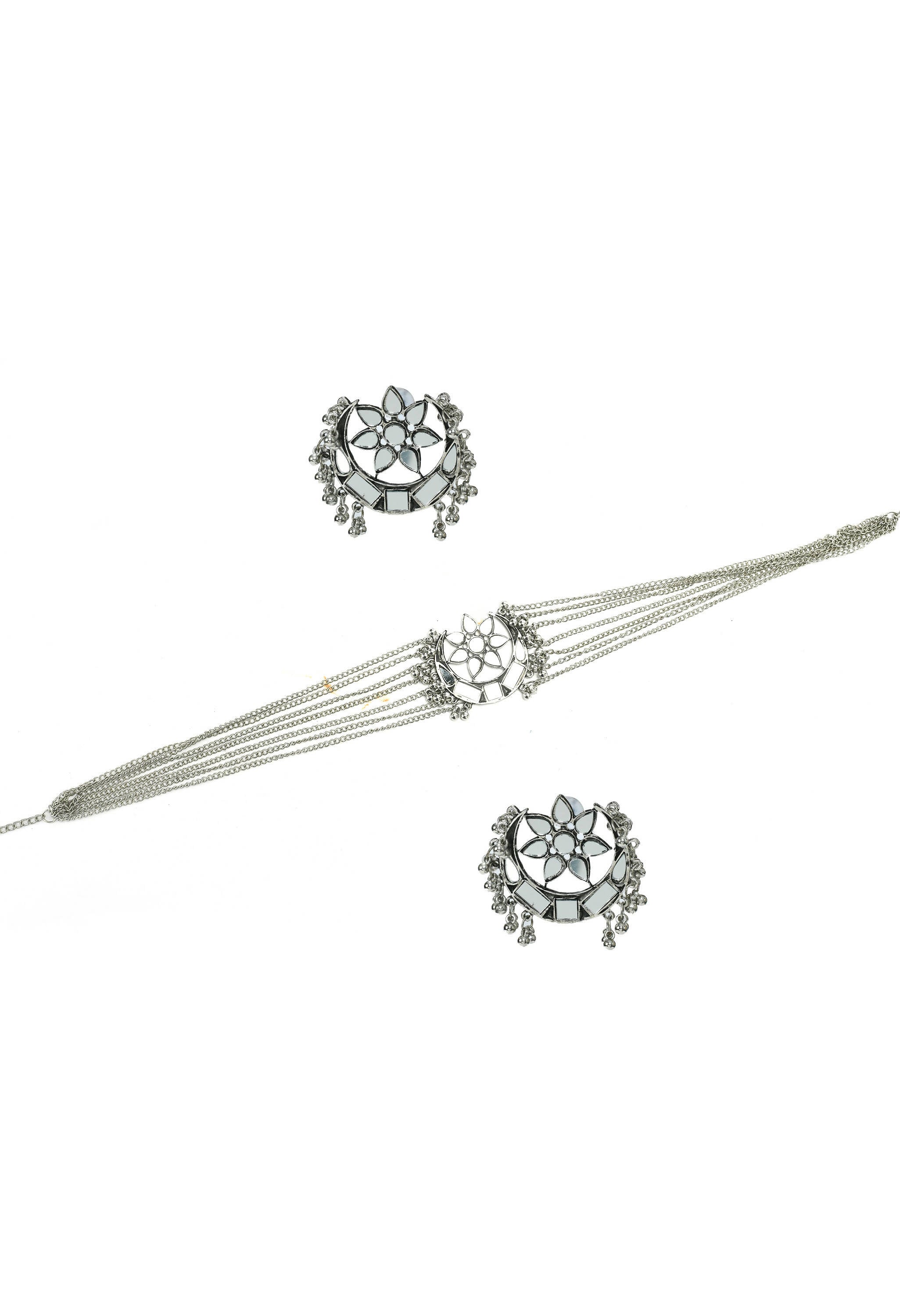 Mominos Fashion Johar Kamal Silver-Plated Brass Finish Mirror Work Choker For Women