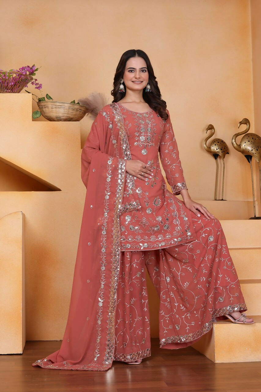 Teeya Creation Peach Color Faux Georgette Embroidery Work Wedding Wear Palazzo Set