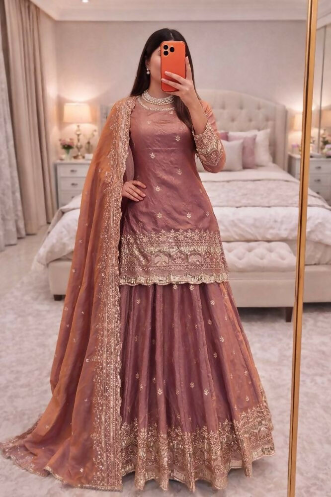 Teeya Creation Onion Color Fendy Satin Heavy Embroidery Work Wedding Wear Stitched Lehenga Choli