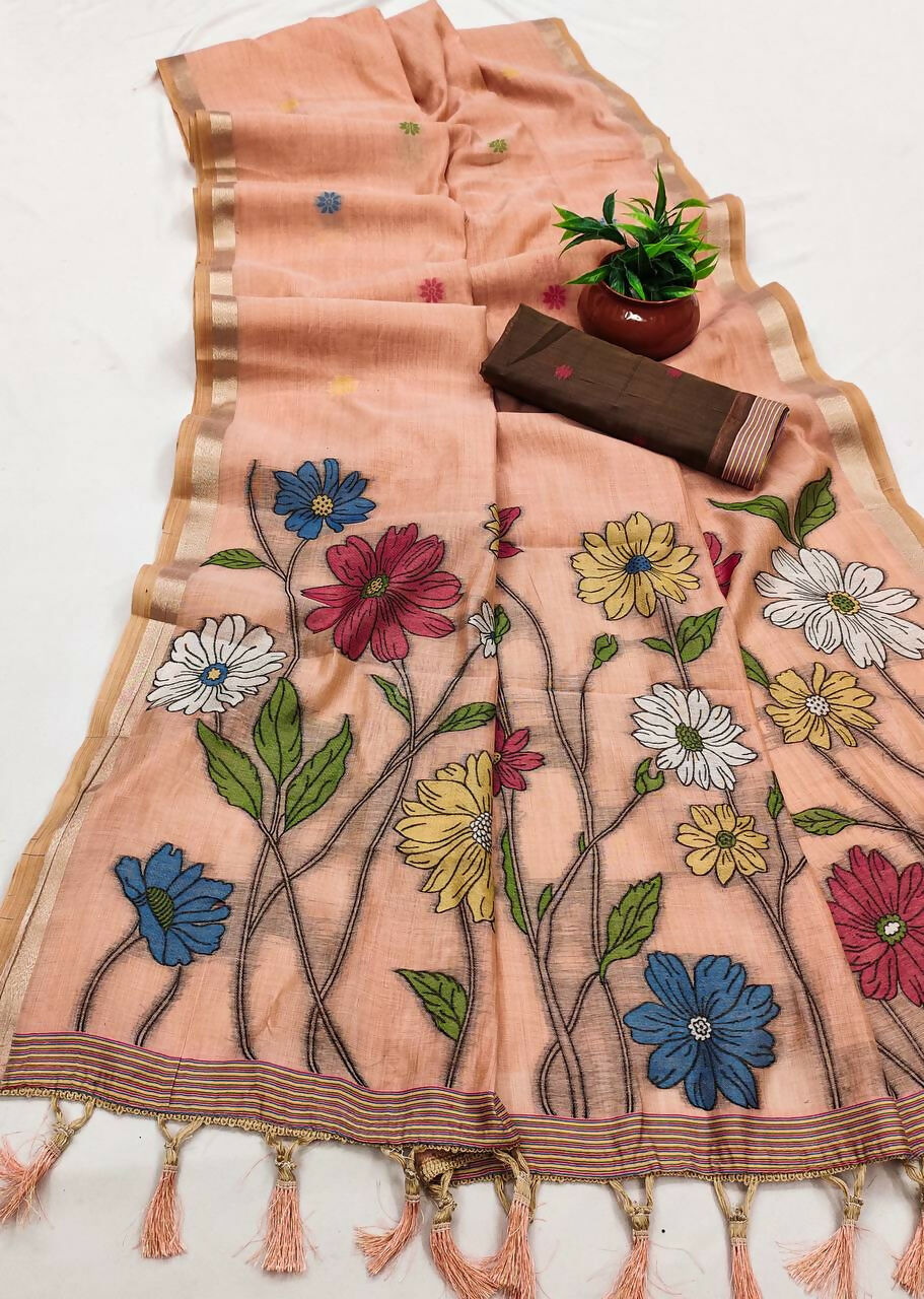 Vastranavya Peach Muga Cotton Meenakari & Azarakh Pallu Saree with Contrast Blouse