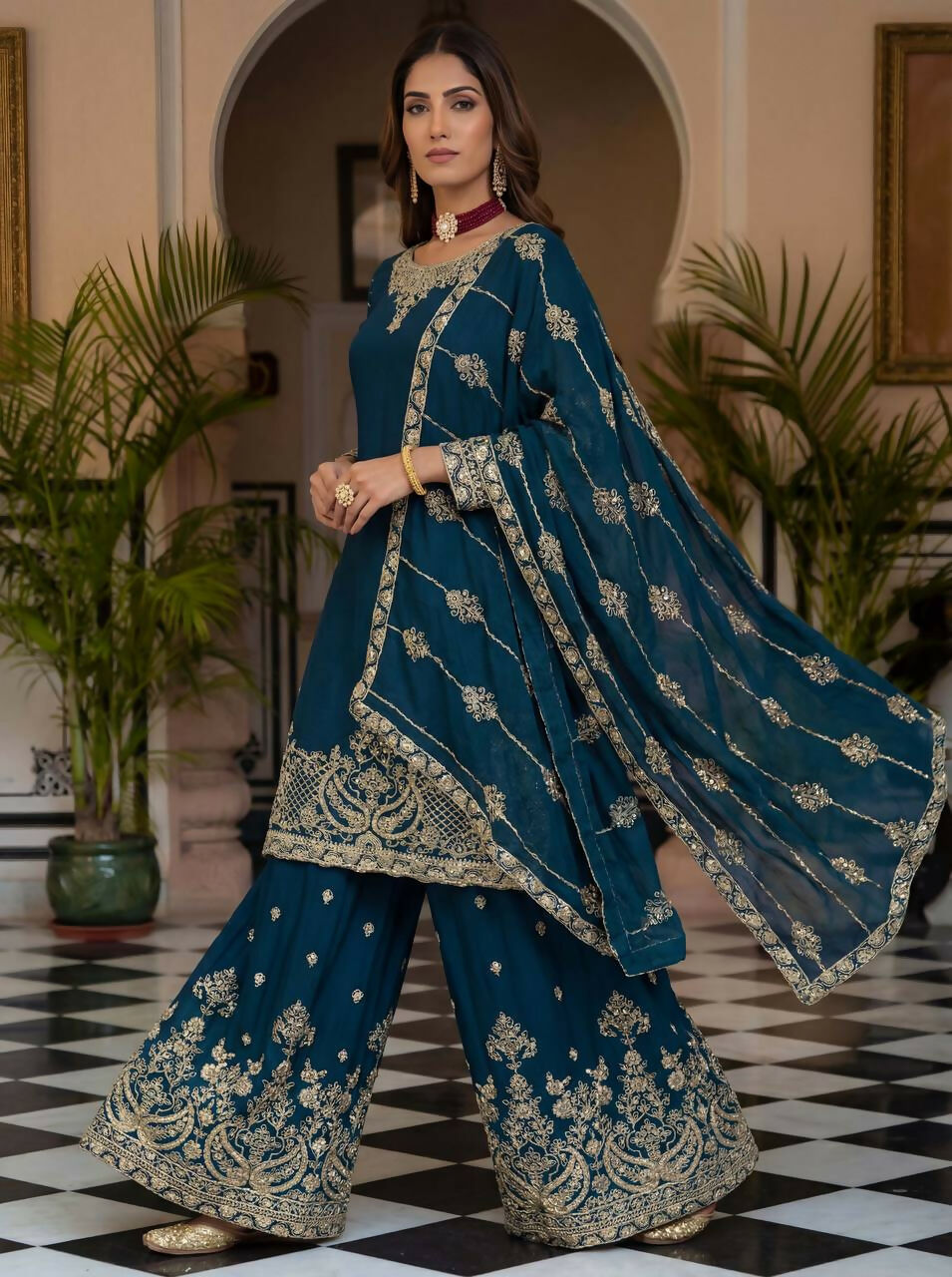 Teeya Creation Teal Chinon Silk Designer Wedding Wear Embroidery Work Palazzo