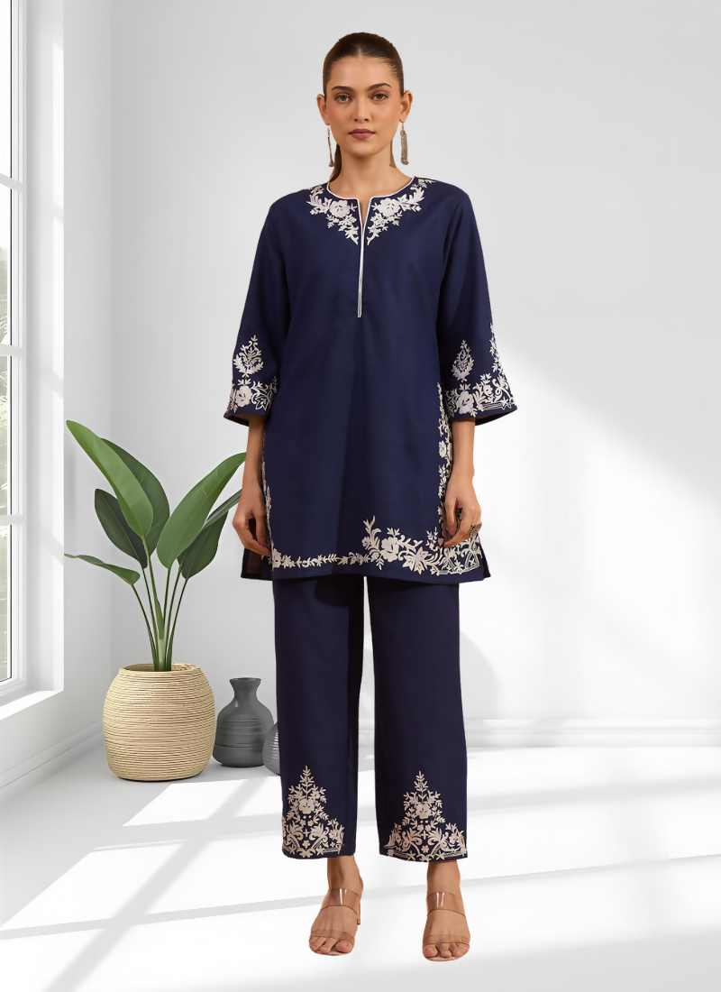 Joban Fashion Navy Blue Cotton, Linen Embroidered Readymade Cord Set