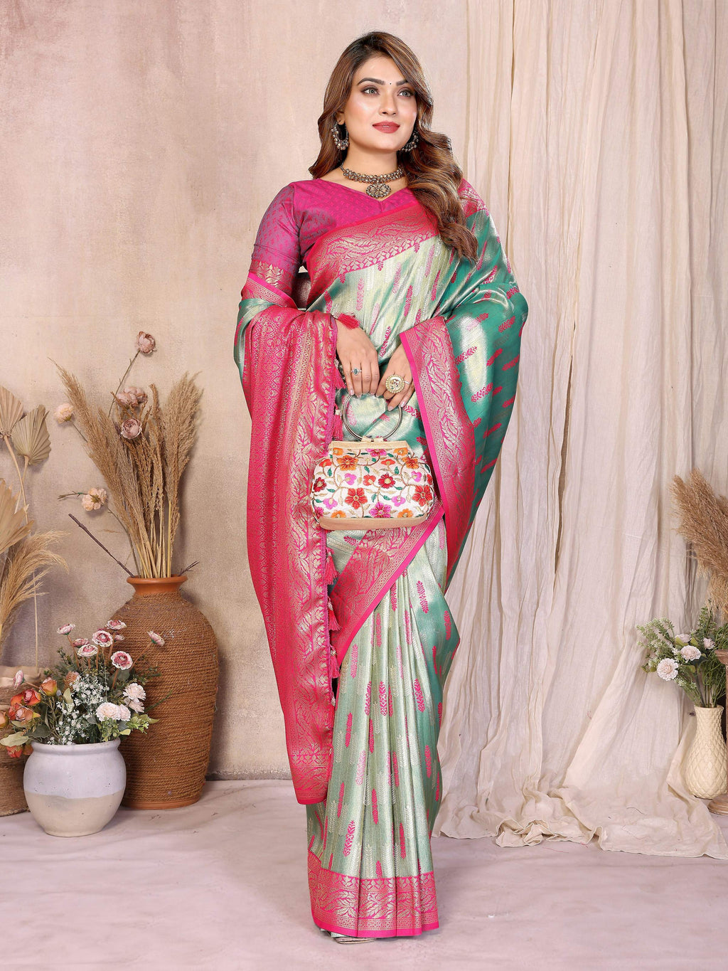 Aastha Fashion Sea Green Tissue Silk Paithani Woven Saree