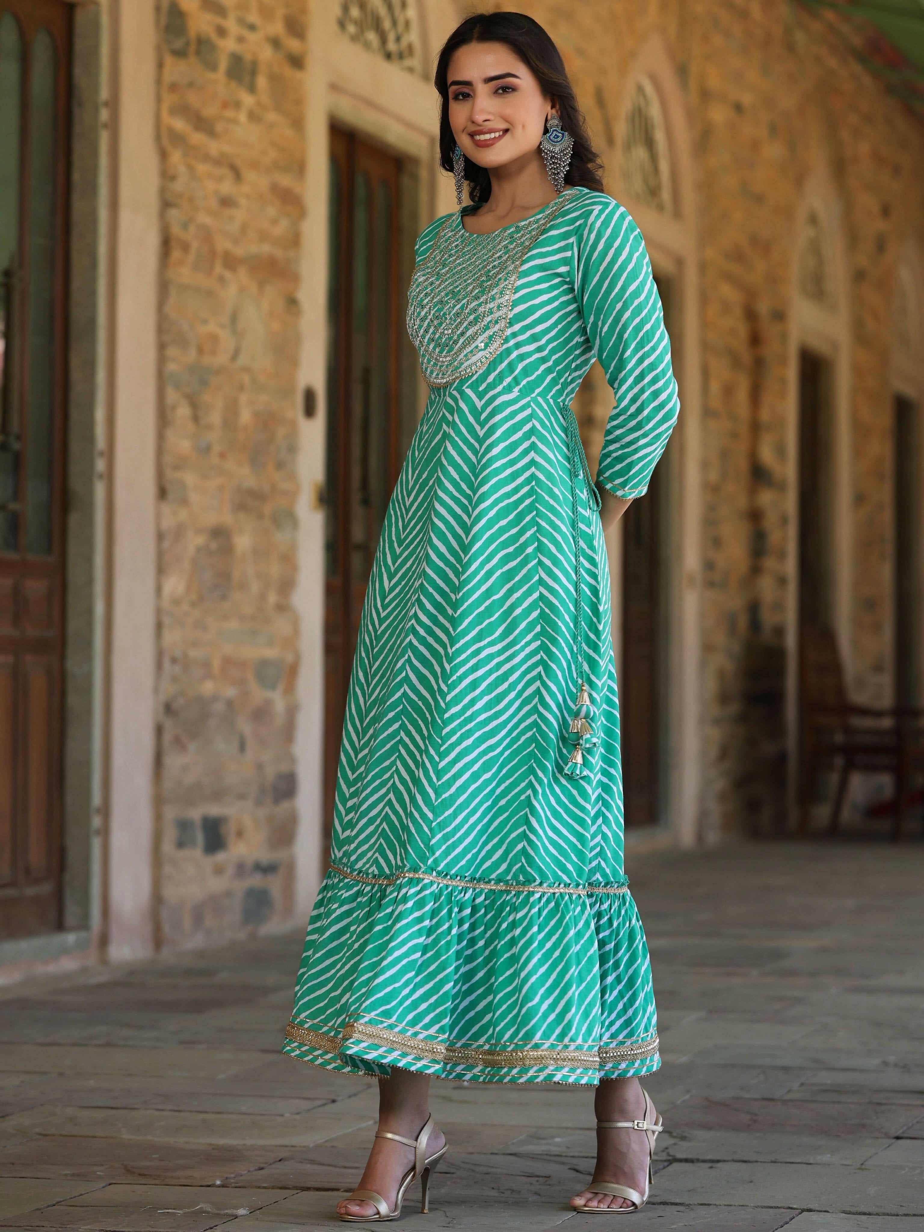 Juniper Women's Green Printed Embroidered Mirror Work Sequin Cotton Flared Dress