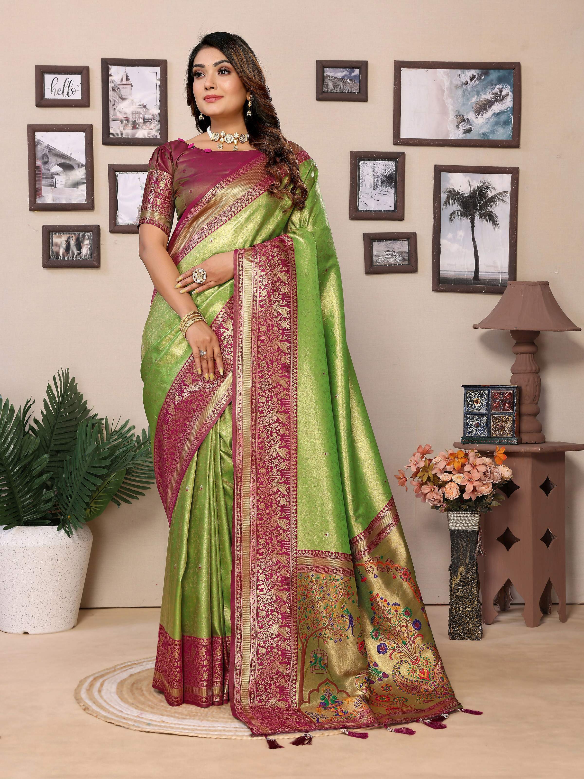 Aastha Fashion Pista Tissue Silk Weaving Saree