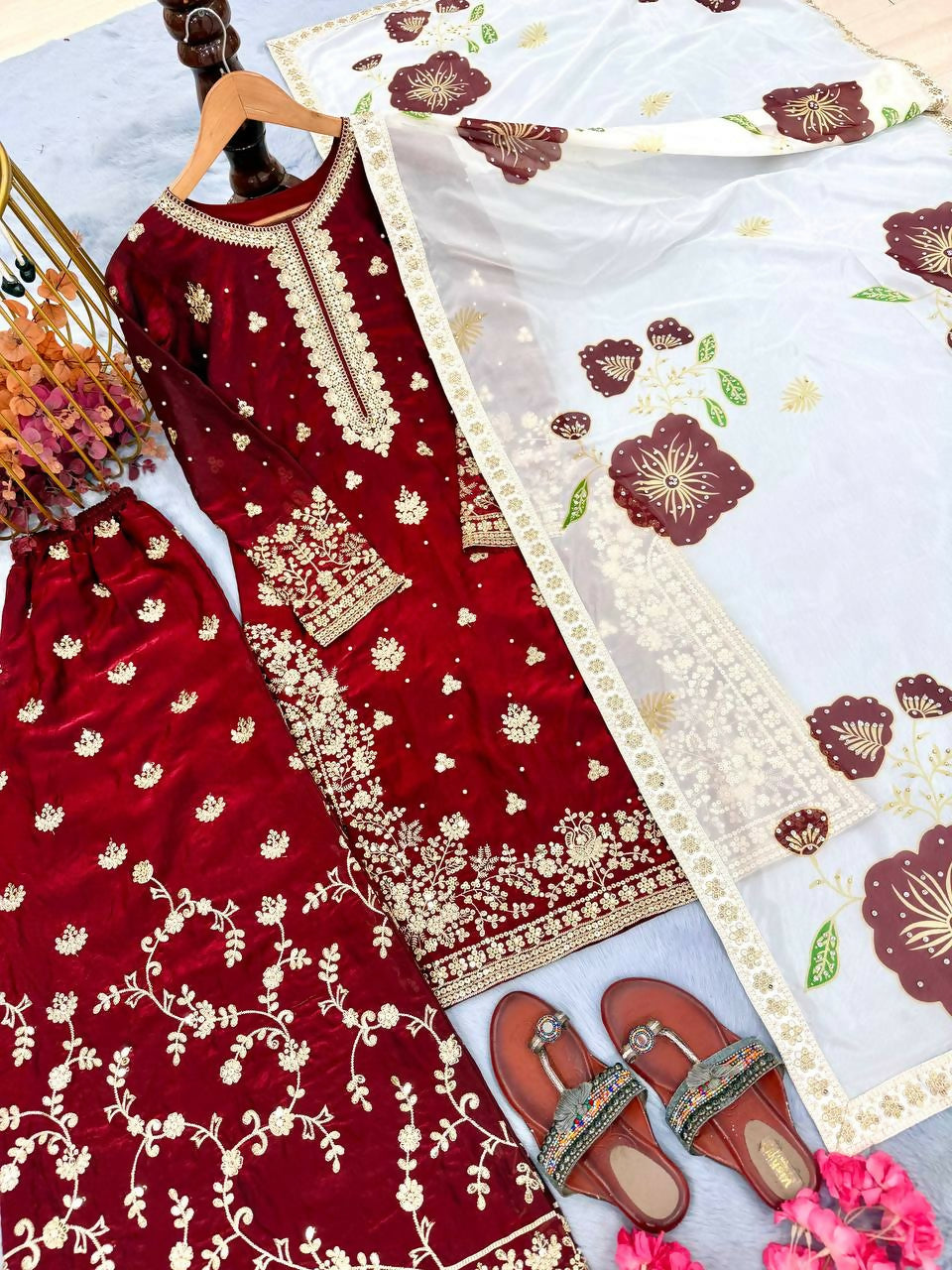 Teeya Creation Maroon Fendy Silk Beads Work Designer Wedding Wear Salwar Suit
