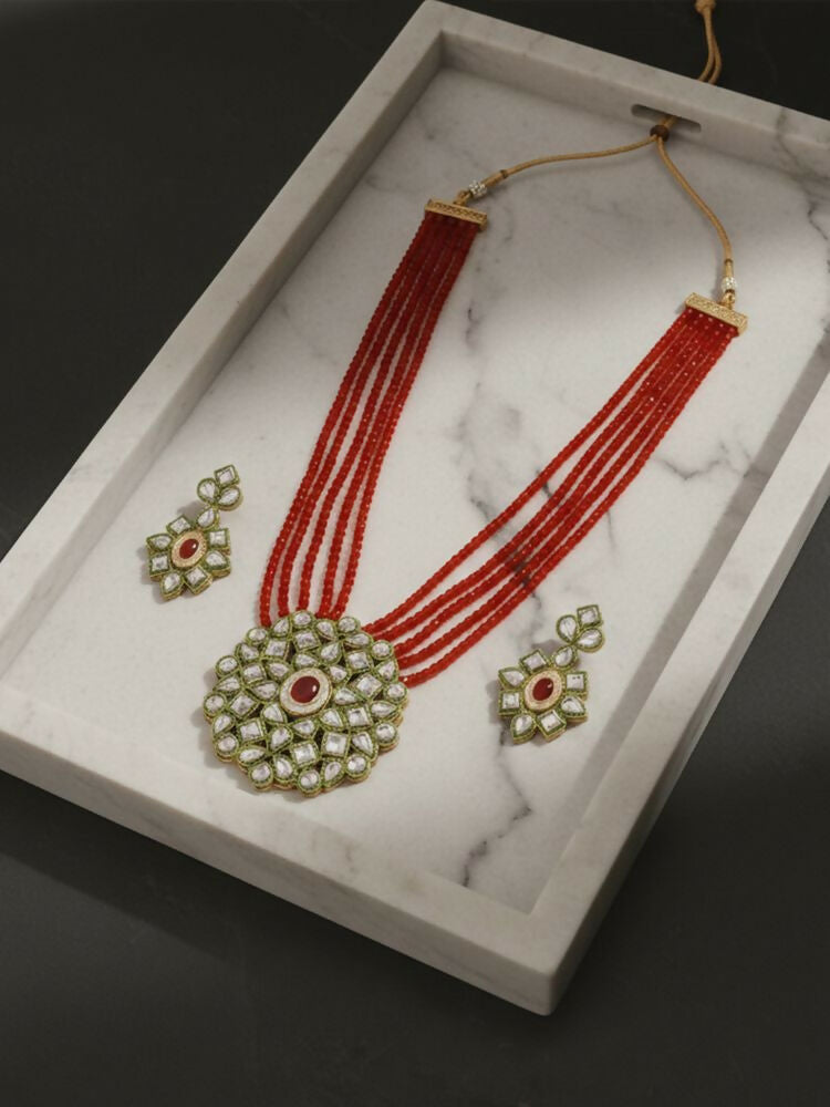 NVR Women Gold Plated Red Kundan Jewellery Set