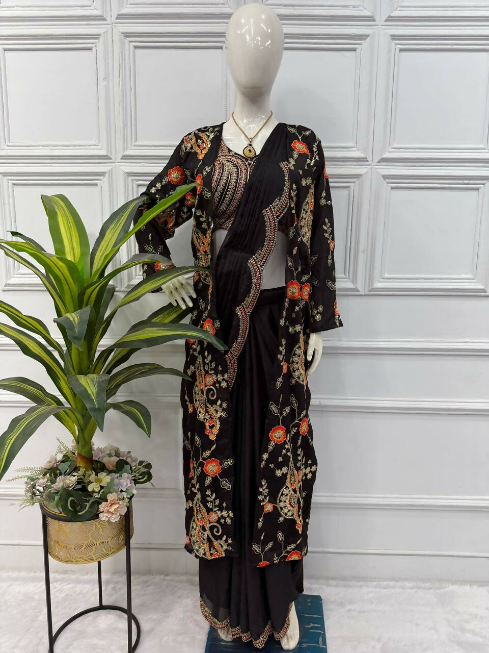 Teeya Creation Black Color Chinon Silk Designer Embroidery Work Ready To Wear Saree With Koti