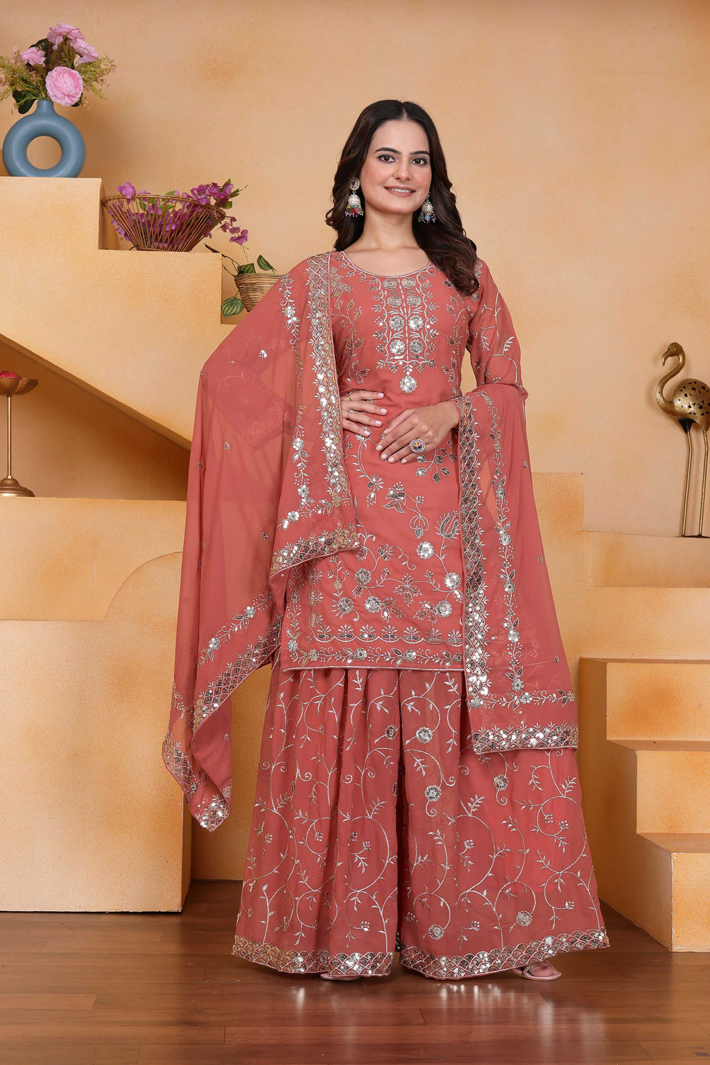 Lehenga Mart Designer Sharara Suit With Kurta, Sharara, Dupatta For Women-Rust Orange