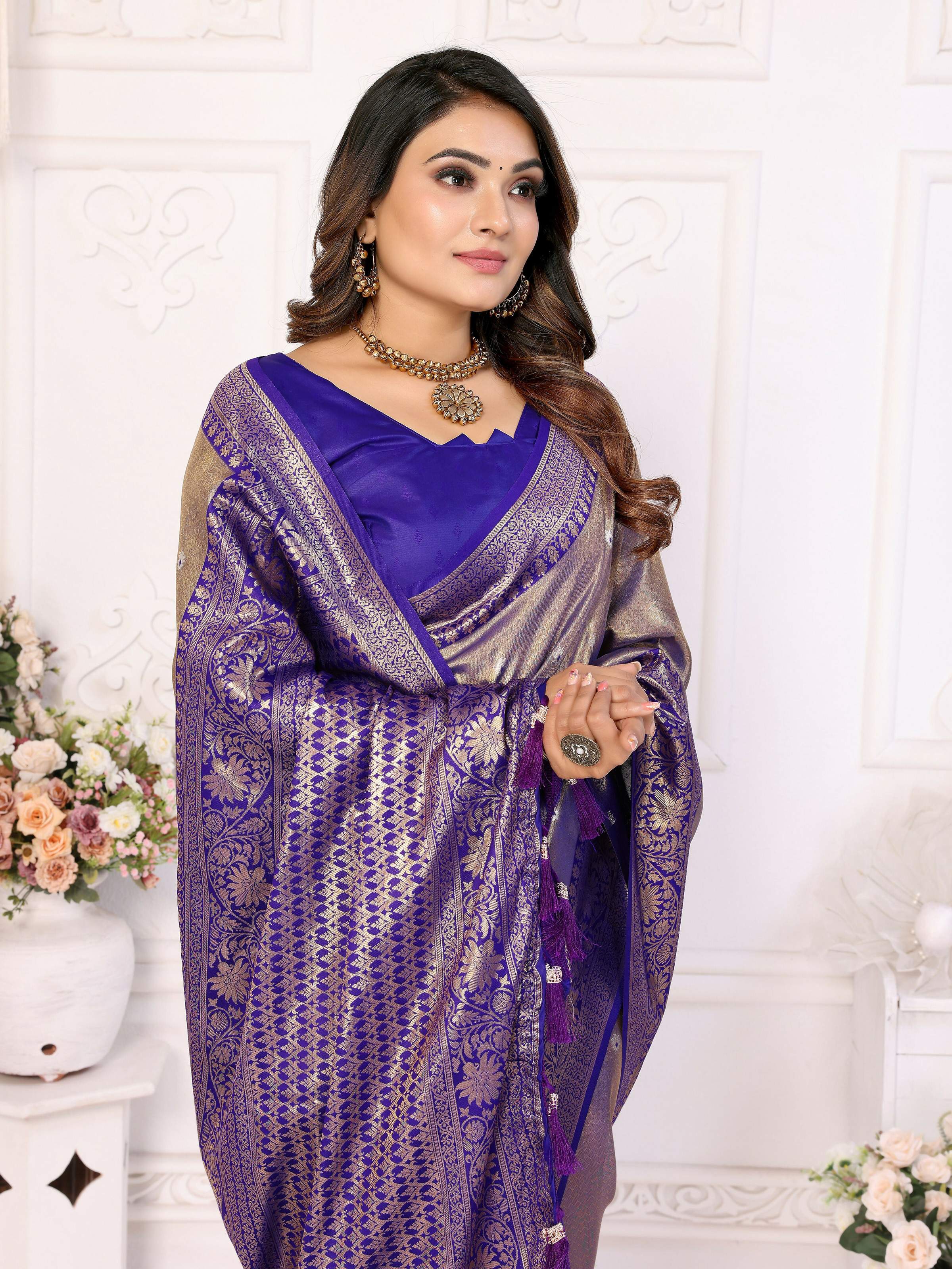 Aastha Fashion Royal Blue Tissue Silk Weaving Saree