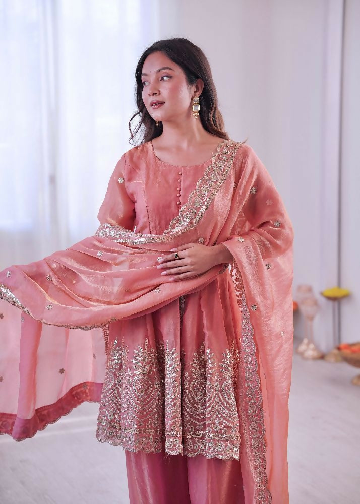 Teeya Creation Peach Color Fendy Satin Silk Embroidery Work Party Wear Salwar Suit