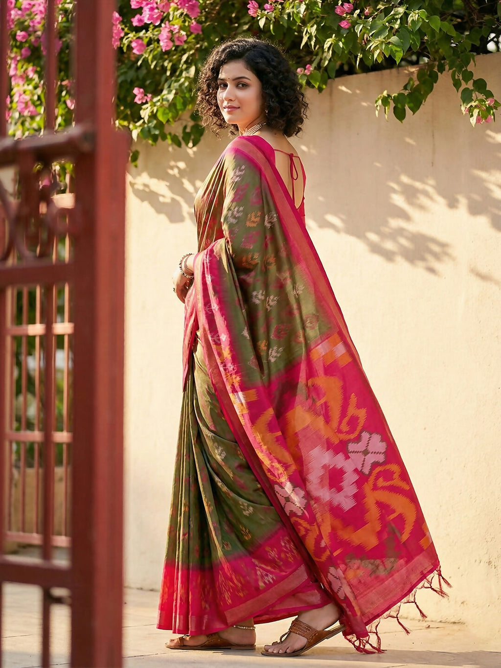 Shree Shyam Fashion Olive Green Pochampally Silk Saree