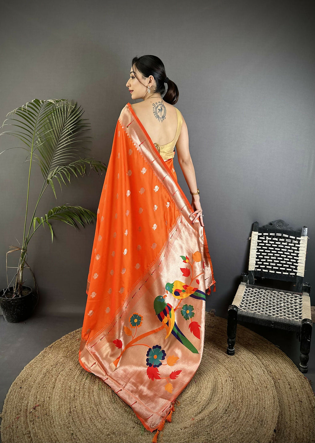 Joban Fashion Orange Peacock & Floral Motifs Soft Silk Kanchipuram Saree