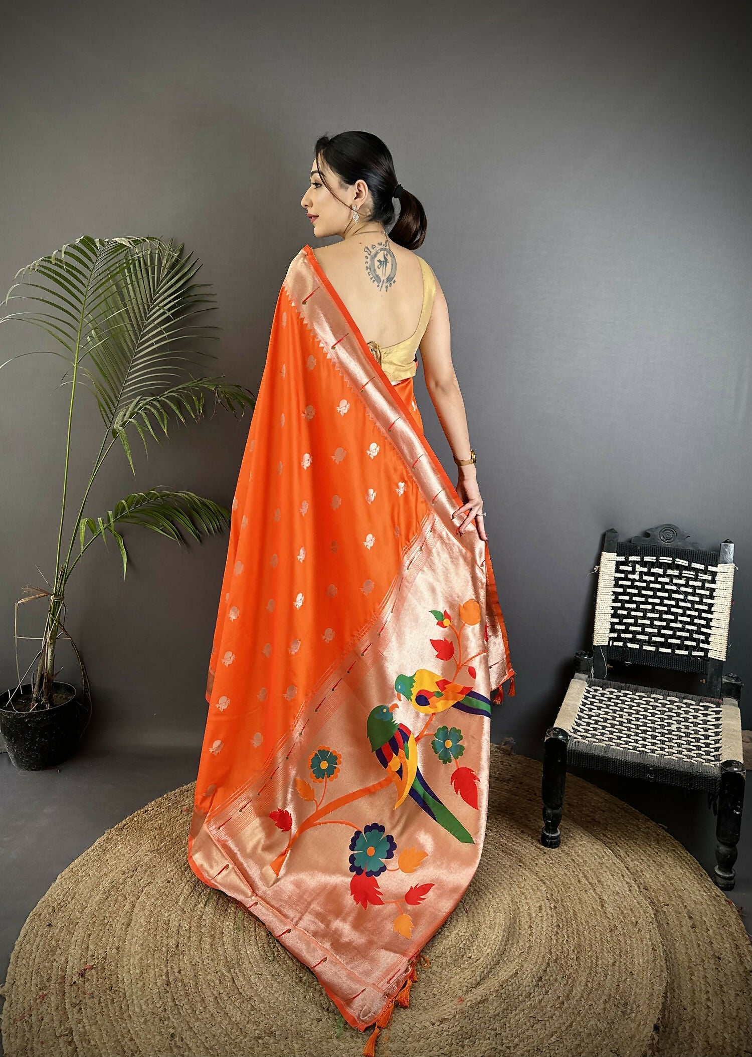 Joban Fashion Orange Peacock & Floral Motifs Soft Silk Kanchipuram Saree