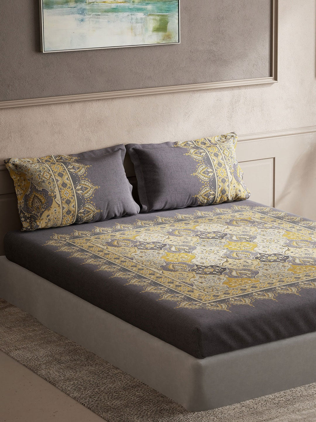 DDecor Grey & Yellow Ethnic Motifs Cotton 140 TC King Bedsheet With 2 Pillow Covers