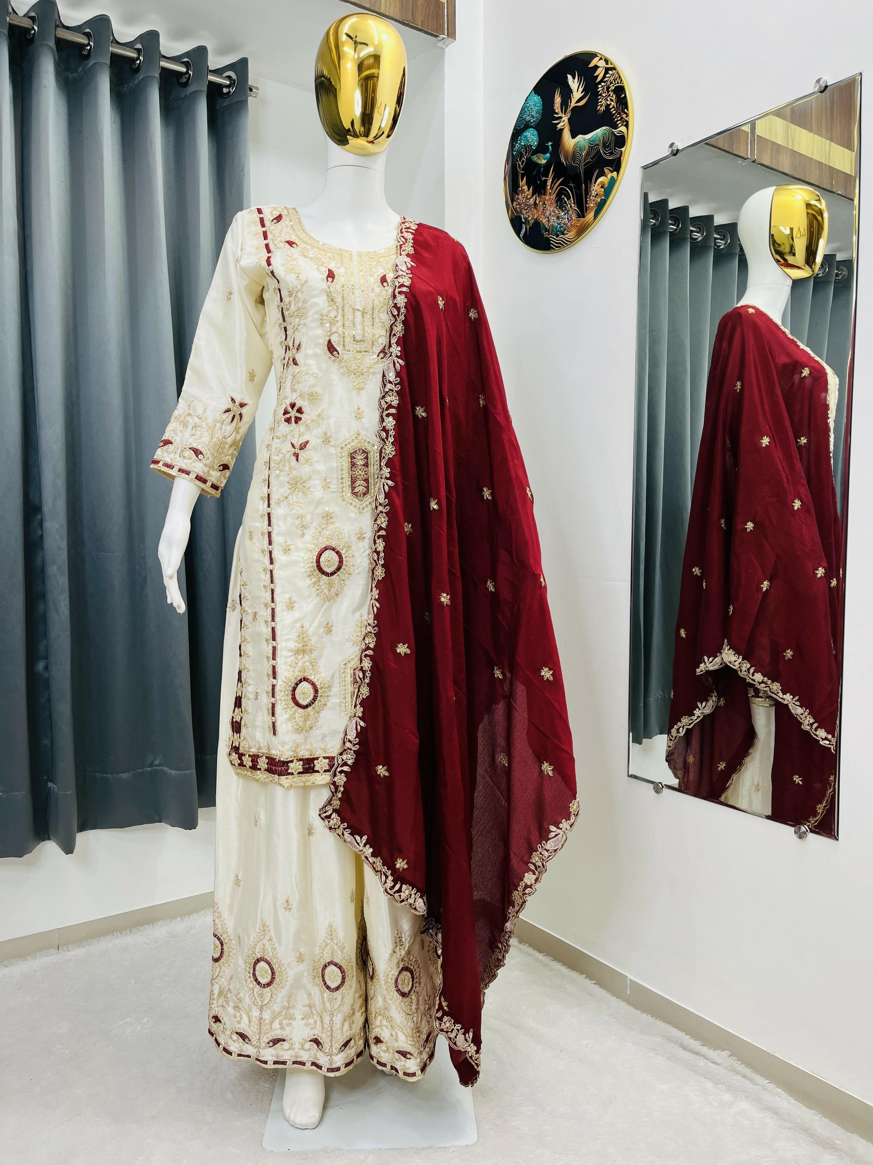 Teeya Creation White Color Chinon Silk Party Wear Trending Palazzo Set