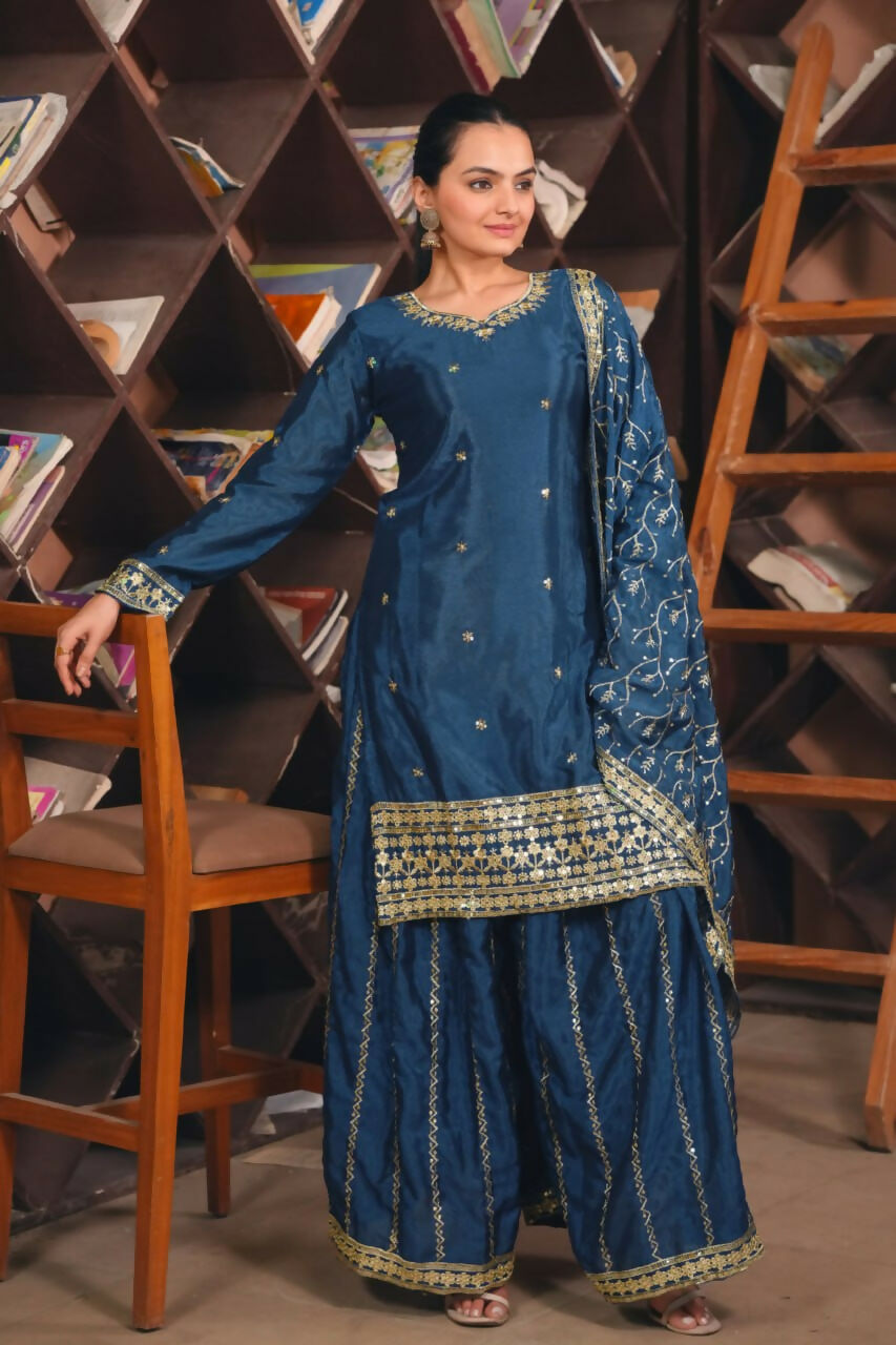 Joban Fashion Blue Silk Embroidered Sharara Set