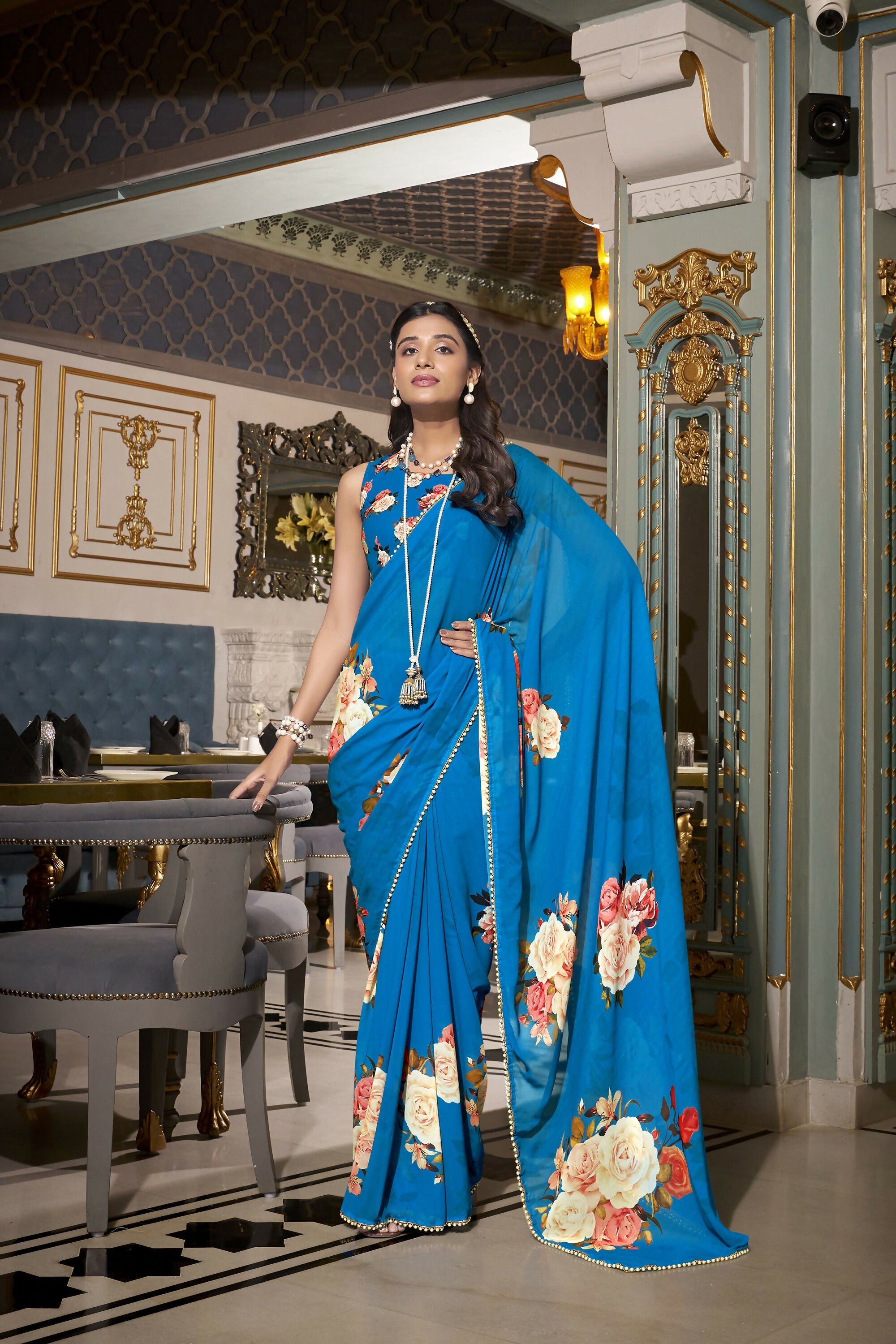 Vastranavya Firozi Spectacular Georgette Printed with Pearl Lace Saree with Unstitched Blouse