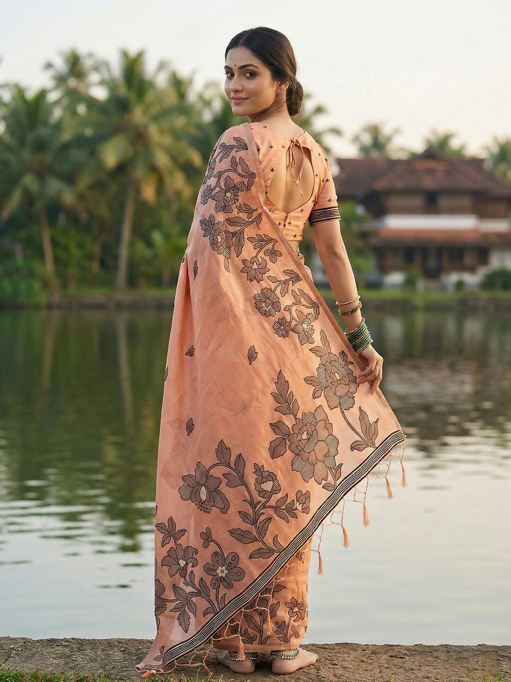Shree Shyam Fashion Orange Linen Cotton Saree