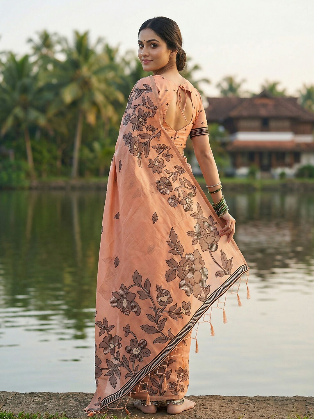 Shree Shyam Fashion Orange Linen Cotton Saree
